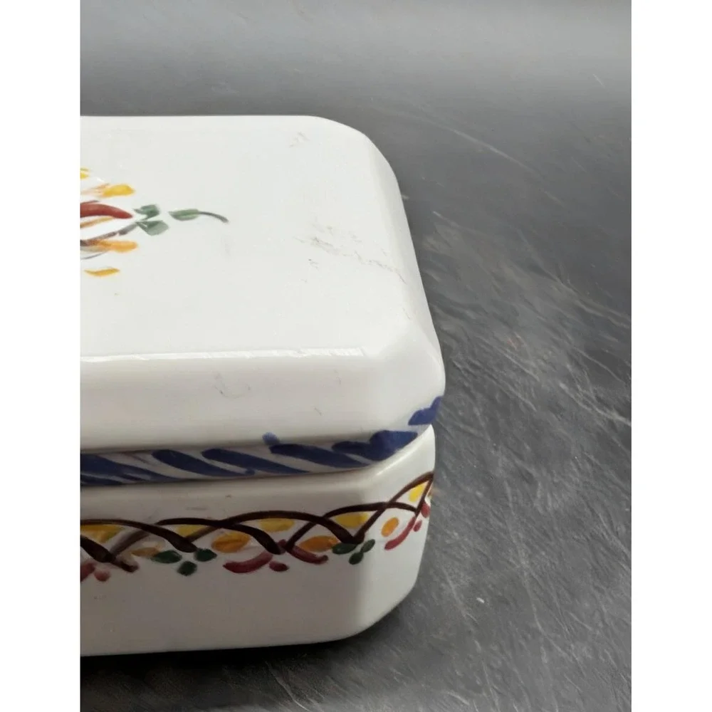 Vintage Spanish Hand Painted Ceramic Trinket Box Floral Folk Art Espana White 2
